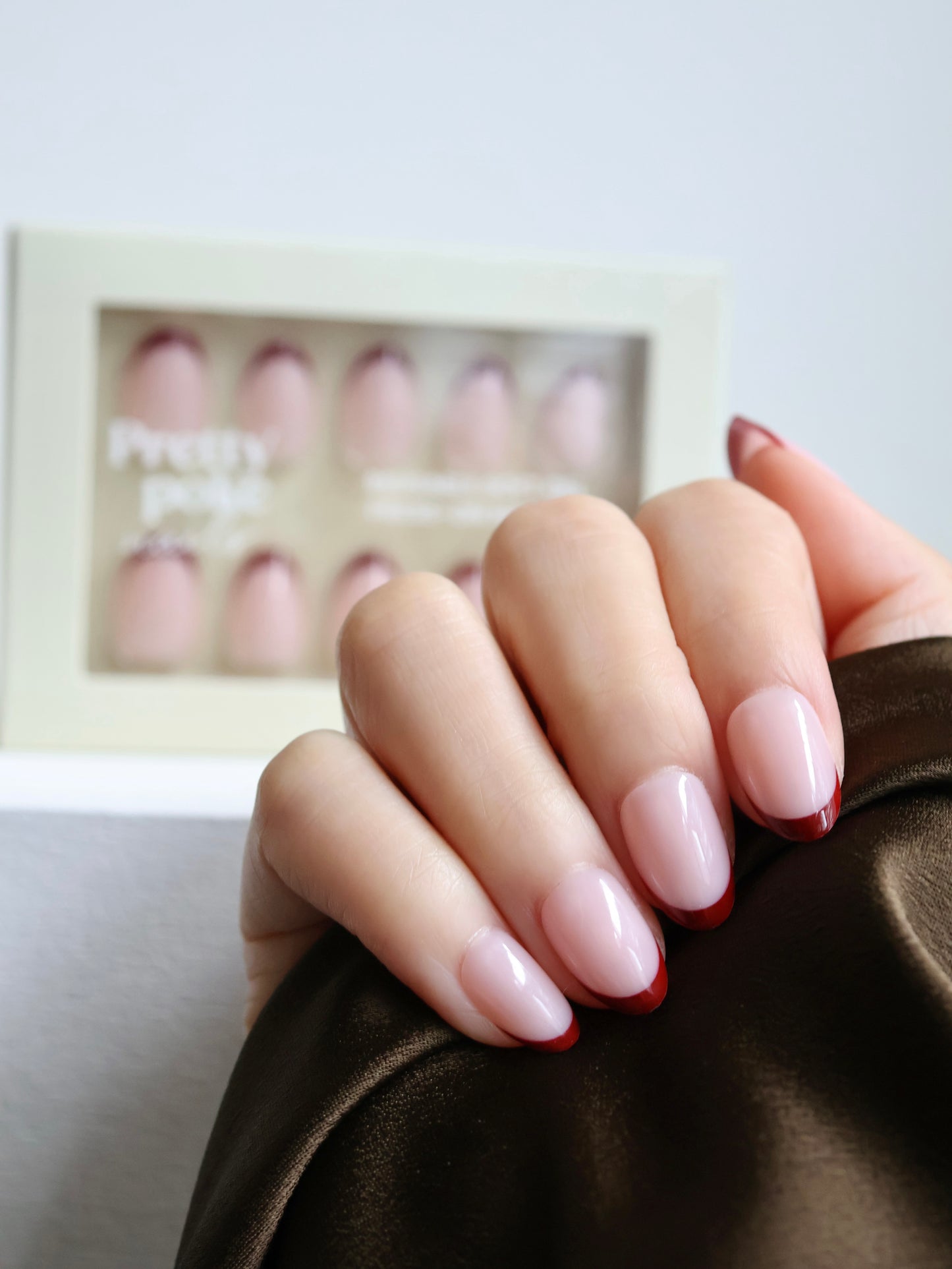 Dark Red Baby French Tips In Short Round (Press-On Nails)