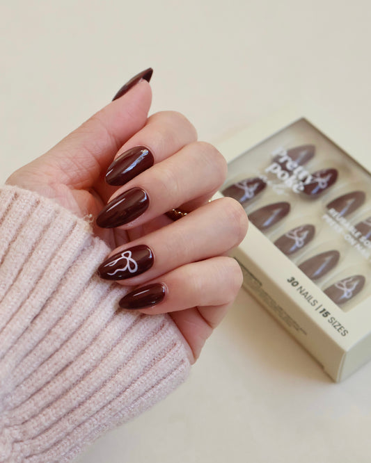 Dark Cherry Ribbon In Short Almond (Press-On Nails)